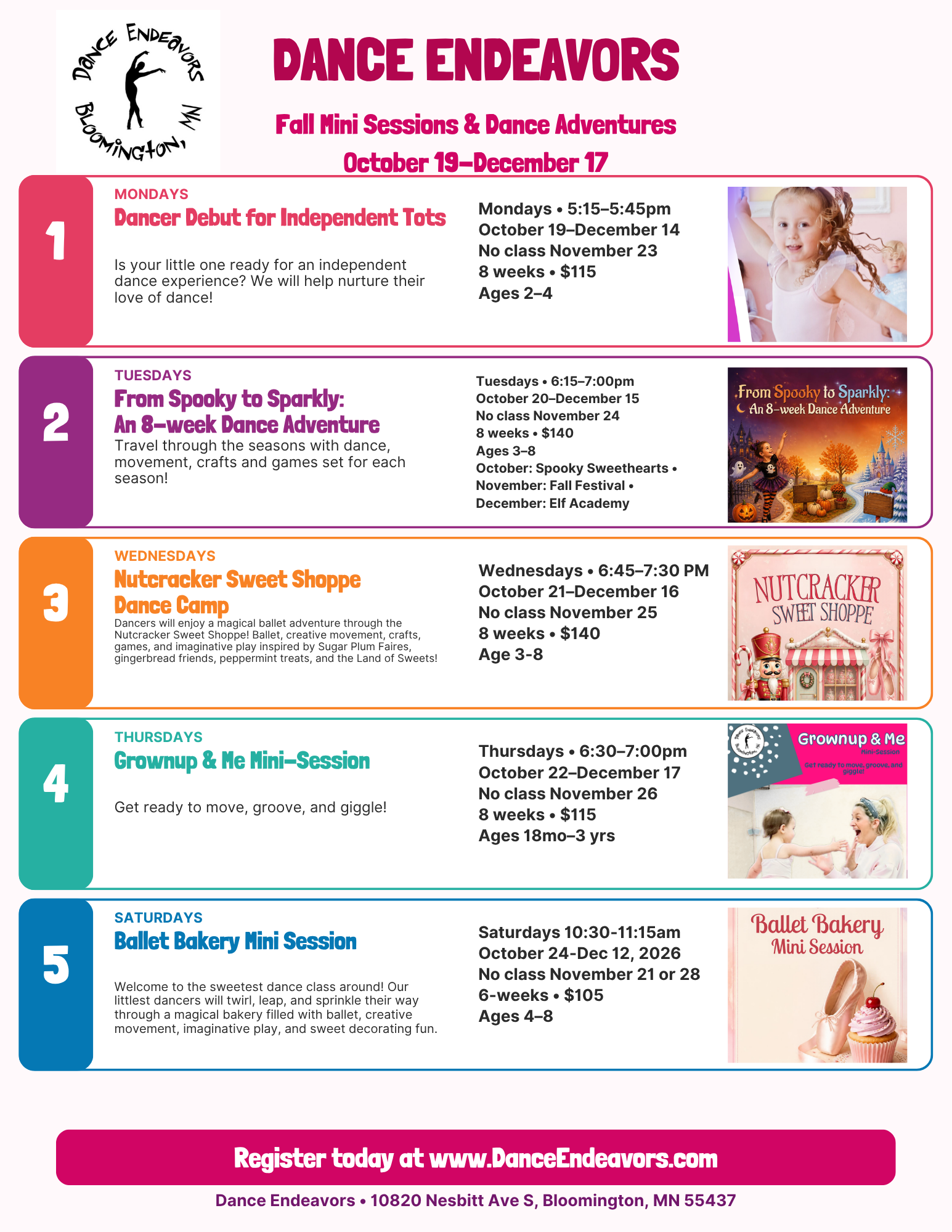 Dance Endeavors Fall Mini Sessions & Dance Adventures — full schedule flyer